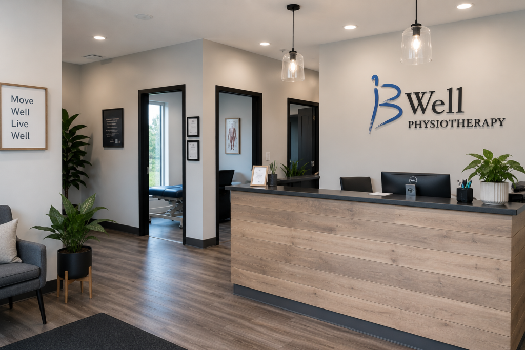 Modern physiotherapy clinic reception area with a wood front desk, soft neutral decor, plants, treatment room doorways, and B Well Physiotherapy branding on the wall.
