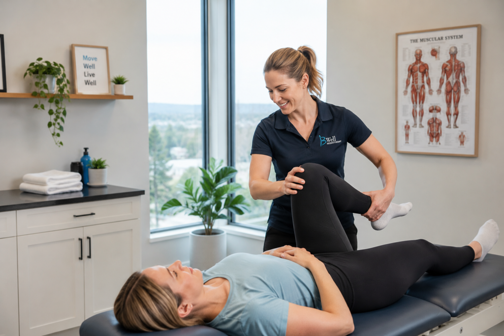 Physiotherapist assisting a patient with a gentle leg stretch on a treatment table in a bright, modern clinic room with soft natural light and calm professional decor.