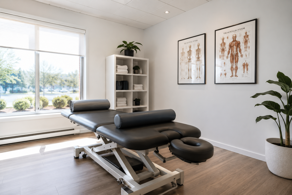 Bright physiotherapy treatment room with an adjustable therapy table, anatomical posters, and natural light.