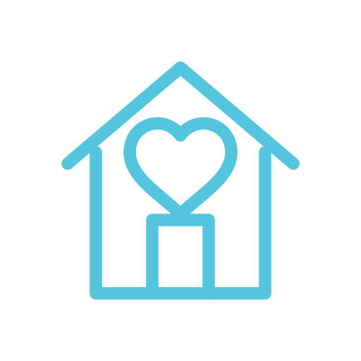 Outline icon of a house with a heart, representing community-focused care.