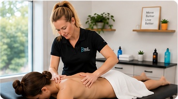 Massage therapist providing therapeutic back massage to a patient lying on a treatment table.