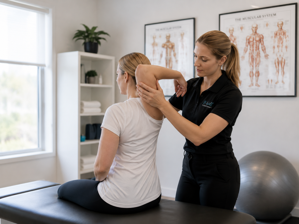 Physiotherapist guiding a patient through a shoulder mobility assessment in a bright treatment room.