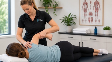 Physiotherapist providing hands-on shoulder treatment to a patient lying on her side in a modern clinic.
