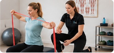 Physiotherapist guiding a patient through resistance-band exercises in a rehabilitation clinic.