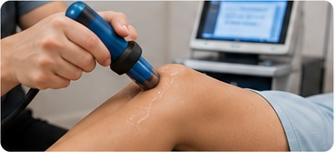 Shockwave therapy device being applied to a patient’s knee during treatment.