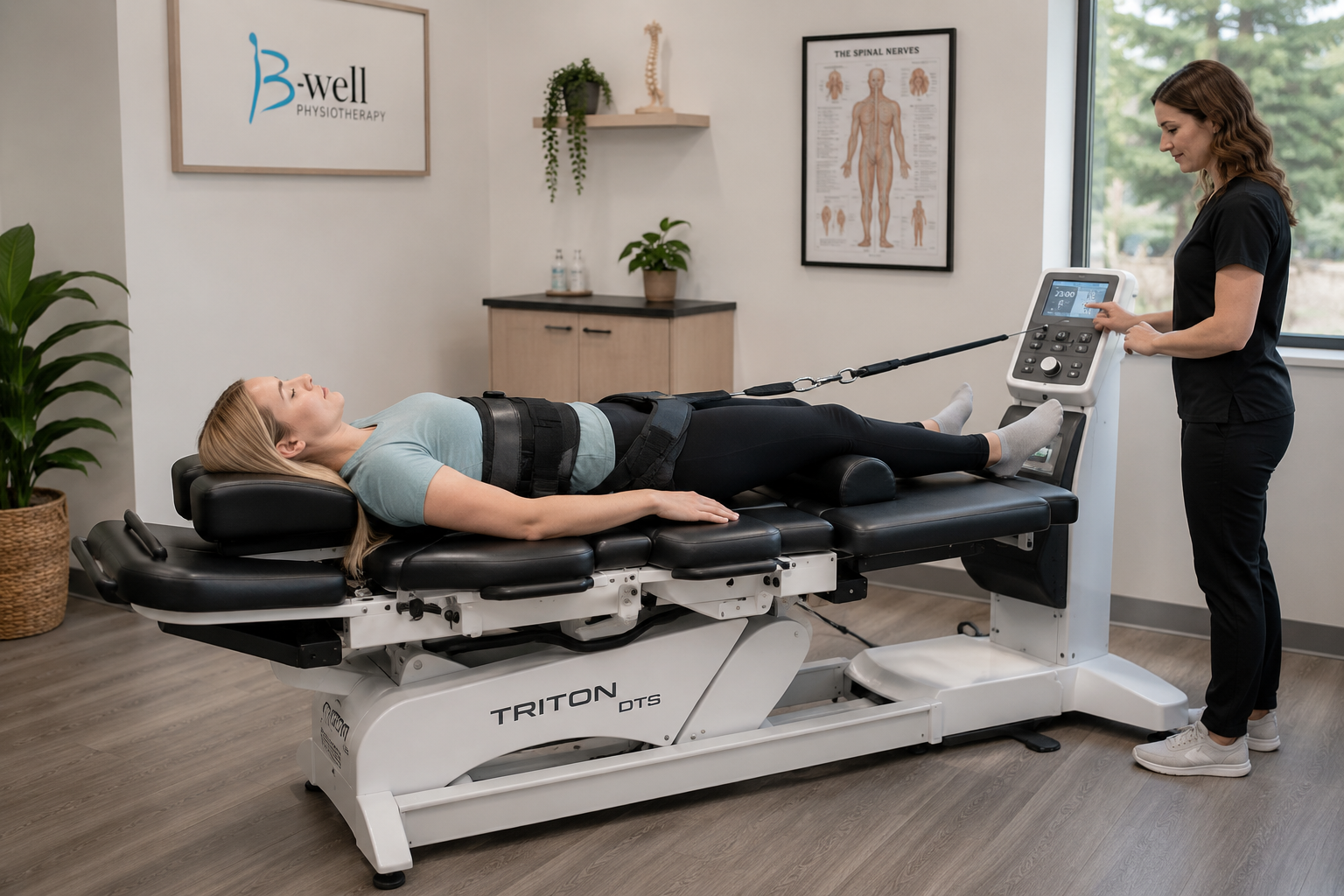 Patient receiving mechanical traction treatment for the lower back