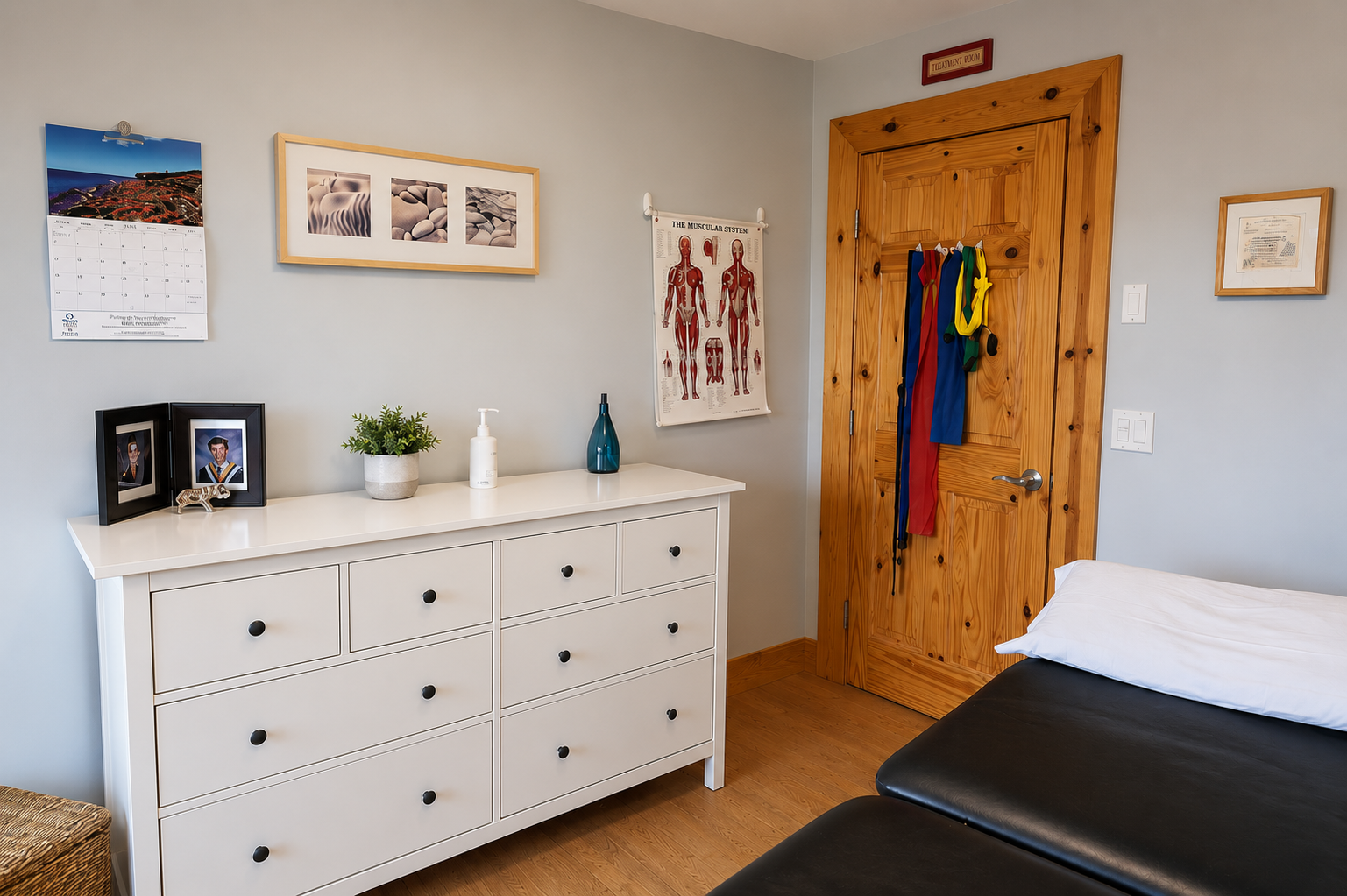 Bright physiotherapy treatment room with a treatment table, natural wood cabinetry, indoor plants, and warm sunlight.